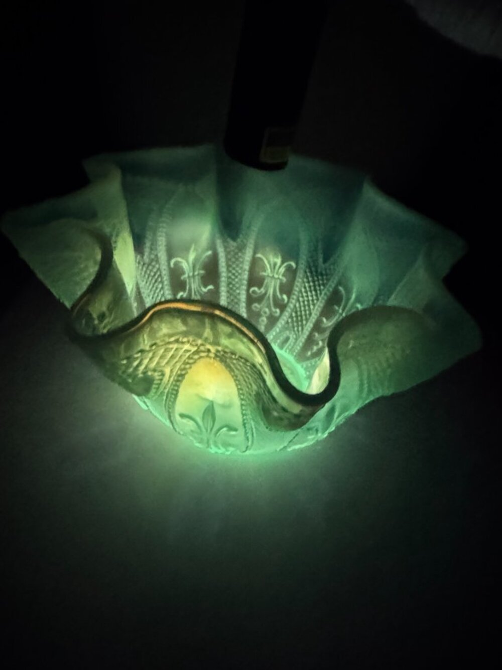 UV-Reactive Antique EAPG Northwood Blue Opalescent Fleur De Lis Ruffled Bowl